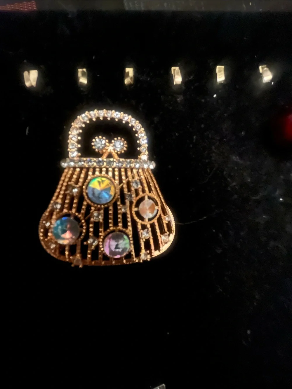 Gold-Tone Multicolor Crystal Handbag Brooch - Unbranded